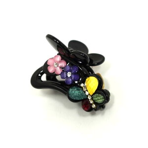 バンスクリップ たっぷりはさめる小さめ 黒xカラーカット石 ラインストーンチェーン付 蝶々とお花  〔ヘアクリップ パンス 髪どめ ヘアアクセサリー〕