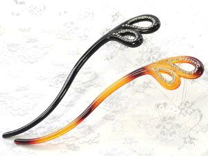 かんざし ヘアスティック 透かしツインリーフ ラインストーン付 黒 〔ロング 一本かんざし キラキラ 1本 長い 簪 お箸 洋装 和装 和服 着物 髪飾り 量の多い髪 夜会巻き ウエーブ足〕