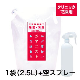 次亜塩素酸 2500ml ジアニスト500ppm + スプレーボトル除菌消臭スプレー 次亜塩素酸水対応噴霧器 加湿器あり特許製法 ウイルス・細菌・ペット臭・花粉の季節に（1袋を2.5倍希釈で200ppm 6.25Lでお得です）