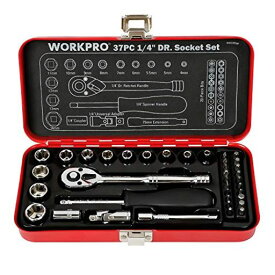 WORKPRO ソケットレンチセット ガレージツールセット ラチェットレンチ 差込角6.35MM(1/4インチ) クイックリリースラチェットハンドル 工具 道具 セット 37点組【鉄製ケース付属】