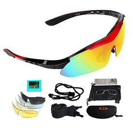 VILISUN 偏光レンズ スポーツサングラス フルセット UV400 軽量 釣り 自転車 野球 ゴルフ ランニング ドライブ 登山 交換レンズ5枚 ユニセックス (レッド&ブラック)