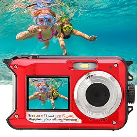 防水デジタルカメラ、フルHD 48MP画像2.7Kビデオ10フィート水中カメラ、セルフィーデュアルスクリーンフルカラーLCDディスプレイ、16Xデジタルズーム、シュノーケリングサーフィン用ビデオレコーダー(赤)