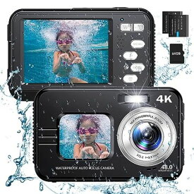 HICSHON 水中カメラ 4K 防水カメラ オートフォーカス IP68防水 64GBカード付属 デジタルカメラ デジカメ 4800万画素 自撮りカメラ デュアルスクリーン 16倍デジタルズーム コンパクト 水中3.5Mまで(ブラック)