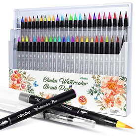 OHUHU 水彩毛筆48色 水ペン2本 水彩ペン 筆ペン カラー セット 水彩筆 水性 水彩画 レタリング 透明 学習教材 画材 収納ケース付き