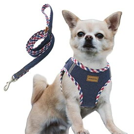 AIMINTO デニム犬用ハーネス&リードセット、通気性の高いメッシュ素材、軽量、ハーネス胸元に反射材付き - 猫や小型犬用 (XXSサイズ 胴範囲28-32CM ダーク ブルー)