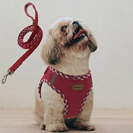 AIMINTO デニム犬用ハーネス&リードセット、通気性の高いメッシュ素材、軽量、ハーネス胸元に反射材付き - 小型犬用 (Sサイズ 胴範囲36-42CM レッド)