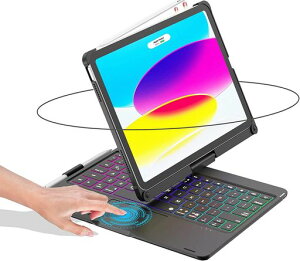 BORIYUAN iPad ��10/11���� �L�[�{�[�h �P�[�X 360°��] �u���b�N 180°���]�Ή� �^�b�`�p�b�h���� 7�F�o�b�N���C�g �}���[�d �y���V�����[ ��̎��S�ʕی� ��10����E��11����(A16)���p