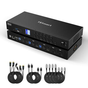 TESmart KVM�X�C�b�` 4����2�o�� (USB-C HDMI+DP) MST�Ή� �f���A�����j�^�[ KVM�ؑ֊� 4K@60Hz USB3.0 4��PC2�f�B�X�v���C�p KVM�؂�ւ��� 60W PD�[�d �M�K�r�b�gLAN�|�[�g