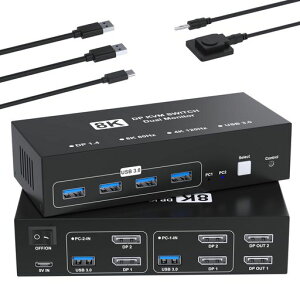8K@60Hz DisplayPort KVM�X�C�b�` 2����2�o�� KVM �ؑ֊� �p�\�R��2�䃂�j�^�[2��؂�ւ� USB3.0 KVM �ؑ֊�