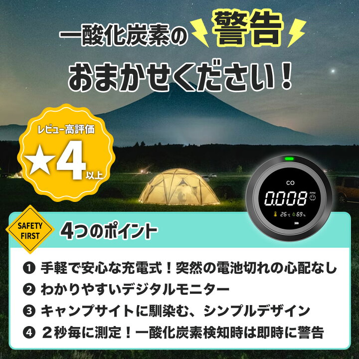 楽天市場 一酸化炭素チェッカー キャンプ用 一酸化炭素 中毒 警報器 キャンプ 車中泊 冬キャン サウナ 防災 充電式 温度 湿度 海外トレンドスタイル