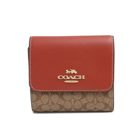 コーチ COACH 三つ折り財布 ミニ財布 レディース モノグラム柄 ロゴ レザー カーキ/テラコッタ SIGNATURE 送料無料/込 卒業祝入学祝プレゼント