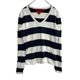 【中古】【古着】 TOMMY HILFIGER コットンニットセーター Sサイズ トミー レディース Vネック ボーダー 白 ネイビー 古着卸 アメリカ仕入 t2203-3134