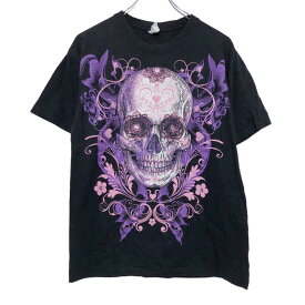 【中古】【古着】 Keya 半袖 プリントTシャツ レディース M ブラック ホワイト パープル ピンク ケヤ 髑髏 ハート 花 古着卸 アメリカ仕入 a507-6756