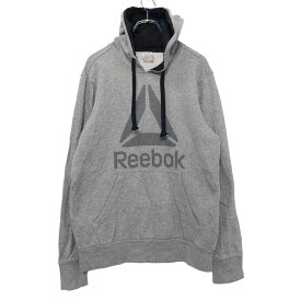 【中古】【古着】 Reebok プリント スウェット パーカー M ライトグレー ブラック リーボック ロゴ ポケット 古着卸 アメリカ仕入 a601-6288