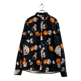 【中古】【古着】 FOHEMR 長袖 柄シャツ L ブラック系 ハロウィン カボチャ オバケ スカル 古着卸 アメリカ仕入 a604-7340