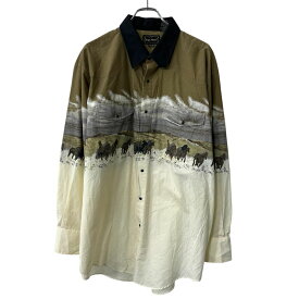【中古】【古着】 High Noon 長袖 ウエスタンシャツ 2XL カーキ アイボリー スナップボダン 胸ポケット 柄シャツ 長袖シャツ トップス 春物 a710-6502