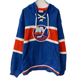【中古】【古着】 mitchell & ness プリントスウェット パーカー L ブルー フーディー プルオーバー ホッケー スポーツ トップス 秋物 a712-6719