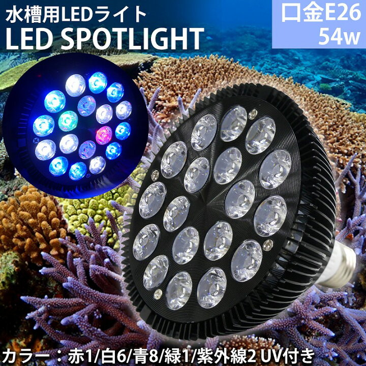 楽天市場 ワンダフルデー 全品ポイント19倍 エントリー要 1日10時開始 E26口金 54w 珊瑚 植物育成 水草用 水槽用 熱帯魚 Ledアクアリウムスポットライト 赤1 白6 青8 緑1 紫外線2 Uv付き Ql 14bk Manolla 楽天市場店