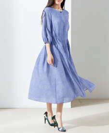 【web限定 70％OFFからさらに+10％OFF】7分袖タックマキシワンピース｜Viscotecs make your brand【送料無料】/レディース 日本製 ブルーマテリアル柄
