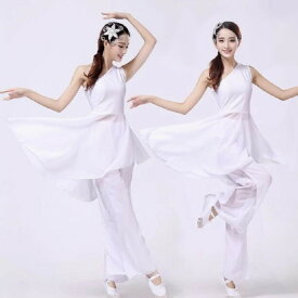 レディース 古典ダンス衣装 ダンス衣装 上下セット 踊り衣装 クラシック舞踊 中華風 チャイナ風 民族風 トップス ノースリーブ ロング丈 イレギュラー裾 ガウチョパンツ ワイドパンツ ロングパンツ レッスン着 舞台衣装 練習着 発表会 ステージ衣装 演出服 団体服