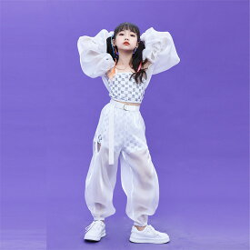 ダンス衣装 セットアップ 3点セット 女の子 子供 キッズ 子供服 ジャズダンス衣装 ヒップホップ キャミソール ショート丈 アウター 長袖 パフスリーブ ギャザーデザイン ロングパンツ ショートスカート透け感 練習着 舞台服 HIPHOP k-pop 応援団 演出服 団体服 110-180cm