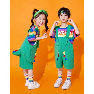 子供服 ダンス衣装 ダンスウエア 子供 キッズ 女の子 男の子 夏 夏服 クラス服 単品 ストライプ柄 恐竜の形 Tシャツ 半袖 サロペットパンツ ハーフパンツ コスチューム 練習着 舞台衣装 応援