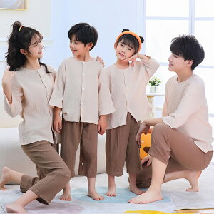 親子ペア パジャマ ダブルガーゼ ルームウェア 夏 綿100% 七分袖 夏パジャマ 上下セット セット 親子お揃い パンツ ガーゼパジャマ 前開き カップル 親子コーデ ネコ クマ 恐竜 可愛い 親子 ペ