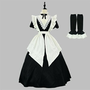 メイド服 クラシック 萌え 黒 白 ハロウィン ワンピース 大きいサイズ Lolita コスチューム 裾フリル レディース メイドカフェ コスプレ cosplay 仮装 エプロン メイド 喫茶店 レース イベント 学