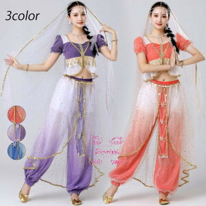 アラビアン ダンス衣装ベリーダンス衣装レディース セットアップ 2点セット ステージ衣装 練習用 アラジン 民族風インドダンスウェア トップス ロングパンツ アクセサリー大人用コスチュ