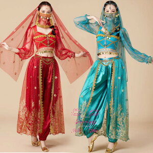 ダンス衣装ベリーダンス衣装ハロウィン仮装レディース 2点セット ステージ衣装セットアップ 練習用アラジン民族風インドダンスウェア トップス長袖ロングスパンツ アクセサリー大人用コ