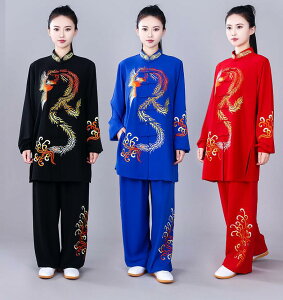 大人太極拳服 鳳凰刺繍太極拳ウェア 女性中華風長袖ロング丈シャツセット 男女兼用試合武術カンフーウェア/ゆったり 通気性よい ストレッチ プレゼント武術服 チャイナ風太極拳専用