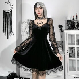 ★XS～2L★3色★ブラック ワインレッド レッド ワンピース ワンピ お嬢様 クラシカル レトロ ロリータ ゴスロリ キャバドレス セクシー コスプレ 衣装 アイドル★暗黒系ロリータ！原宿風 ストレッチ ベロア 花柄レース切替ワンピース XS S M L 2L サイズ★フリーダム sale