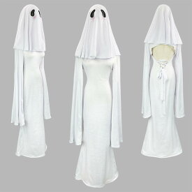 ★S～6L★小さいサイズ～大きいサイズ★おばけ ゴースト オバケ お化け 幽霊 ハロウィン衣装 コスプレ セクシー 制服 衣装 パーティー イベント コスチューム クリスマス 仮装 インスタ 撮影★ 幽霊娘 背中大胆開き 3点セット S M L 2L 3L 4L 5L 6L サイズ ★フリーダムsale