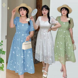 ★2L～5L★3色★グリーン ブルー ベージュ 大きいサイズ ぽっちゃりさん ワンピース お嬢様 ワンピ クラシカル ロリータ ゴスロリ レトロ コスプレ 制服 イベント撮影 アイドル 衣装★ウエストゴム入り上品感花柄刺繍ロングワンピース 2L 3L 4L 5L サイズ★フリーダムsale