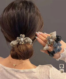 ★2色★ブラック シャンパン ヘアゴム 髪飾り 大人女性 可愛い 上品 シュシュ ヘアアレンジ 普段着 パーティー キャバ 小物 コスプレ アレンジ インスタ 撮影 アイドル★ビジューフラワーシュシュキラキラヘアゴム 韓国レディース 髪留め ヘアアクセサリー★フリーダムsale