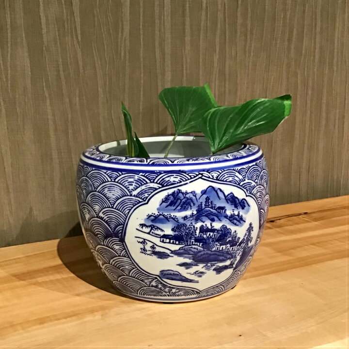 海外限定 深型水盤 水鉢 金魚鉢 コバルト花 陶器鉢 おしゃれ メダカ鉢 和モダン アジアン Plannerce Ir