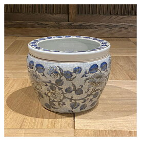 水鉢 睡蓮鉢 すいれん鉢 メダカ鉢 金魚鉢 睡蓮鉢 陶器スイレン鉢 ハス鉢 はす鉢 めだか鉢 鉢 陶器 水連鉢 和風 アジアン ビオトープ 観葉植物 ハイドロカルチャー ガーデニング 大きめ【送料無料】青花丸大魚缶・藍花（中）