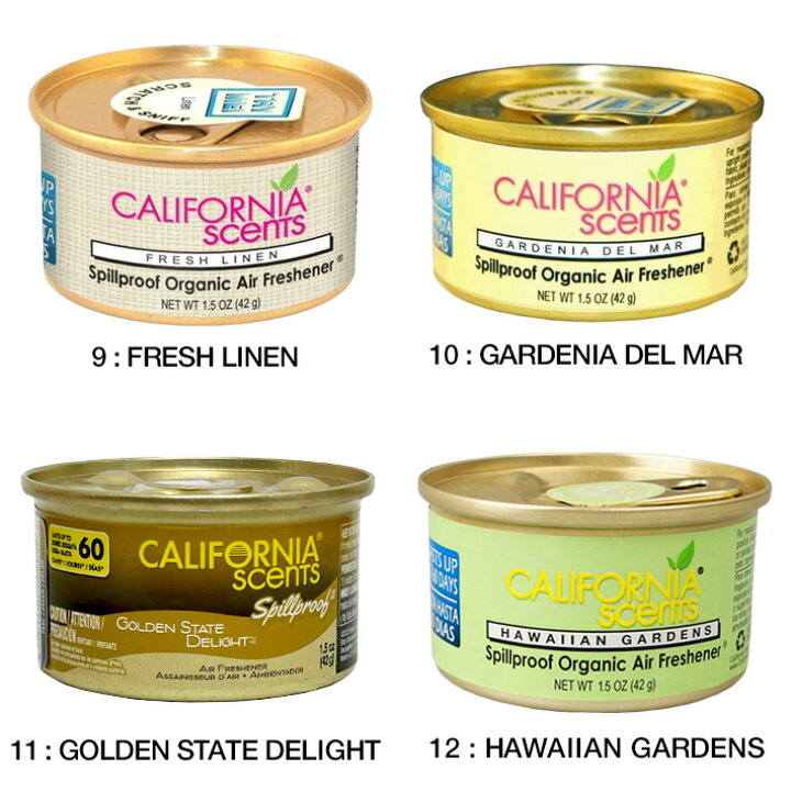 楽天市場】【2個までメール便OK】 カリフォルニアセンツ 缶 芳香剤 エアフレッシュナ— 【全32種類】【1】No.1〜No.16 CALIFORNIA SCENTS Spillproof Organic Air Freshener カーフレッシュナー 置き型 車載 クローゼット ハワイ アメリカ : Foothill Gardens 楽天市場】【2個までメール便OK】 カリフォルニアセンツ 缶 芳香剤 エアフレッシュナ— 【全32種類】【1】No.1〜No.16 CALIFORNIA SCENTS Spillproof Organic Air Freshener カーフレッシュナー 置き型 車載 クローゼット ハワイ アメリカ : Foothill Gardens