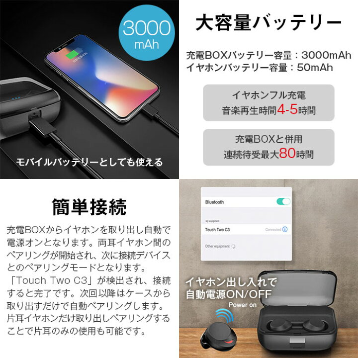 楽天市場 Bluetooth5 0 ワイヤレスイヤホン Touch Two C3 左右独立型 両耳 片耳 充電ケース付き Ipx8 高音質 技適認証済み Tws 並行輸入品 Be C3 定形外郵便 直販ワールドマーケット