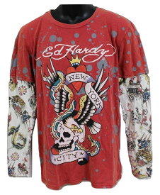 エドハーディー ed hardy メンズダブルスリーブTシャツ 長袖 M03VDS057 新品 赤 NEW YORK CITY ロンティー