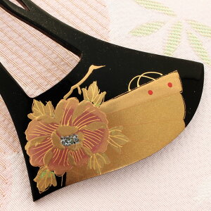 かんざし 黒漆調台 蒔絵 大末広に牡丹 Rバチ型 カンザシ 簪 黒 ぼたん ボタン ゴールド ピンク 金 ゴールド