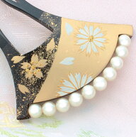 かんざし 黒台 蒔絵 ゴールド&ホワイトフラワー 菊白・桜金 金地金箔散し パール・Cバチ型 p10 日本製 ブ…