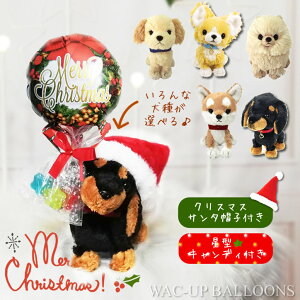 クリスマス チワワ トイプードル ダックス ポメラニアン レトリバー 柴犬 プレゼント ブーケ クリスマスリース ミニバルーン星型キャンディ付サンタ帽子付ぬいぐるみ PUPSパプスセット