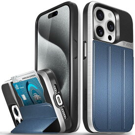 VENA vCommute ウォレット ケース Apple iPhone 15 Pro (6.1 インチ) 対応 (軍用グレードの落下保護) フリップ レザー カバー カード スロット ホルダー キックスタンド付き - シルバー/ブルー