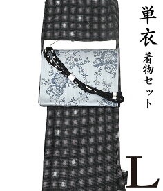 【10】26020【 春 初夏 秋 ♪ 着物4点セット 】【 L 単衣 】 洗える着物 + 【 国産 】 洗える 八寸名古屋帯 + 正絹 帯揚げ + 正絹帯〆 【 4点セット 】 コーディネート モノトーン 粋 モダン 大島調 レトロ シック hs-891 pngy478 hppk572-l