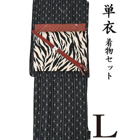 【10】29920 【 春 初夏 秋 ♪ 着物4点セット 】【 L 単衣 】 洗える着物 + 【 木綿 】 洗える 九寸名古屋帯 + 正絹 帯揚げ + 正絹 帯〆 【 4点セット 】 コーディネート モノトーン 粋 モダン レトロ シック hs-895 ongy27 hppk861-l