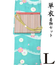 28350 ※少々訳あり※【 春 初夏 秋 ♪ 着物4点セット 】【 L 単衣 】 洗える着物 + 【 新潟しじら 】 洗える 九寸名古屋帯 + 正絹 帯揚げ + 正絹 帯〆 【 4点セット 】 コーディネート 粋 モダン レトロ シック ポップ hs-912 ongy39 hppk713-l