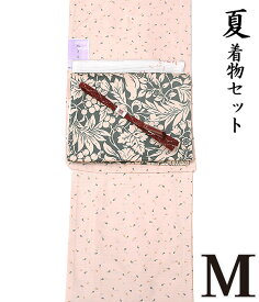 【20】32260 【 初夏 ・ 夏 ♪ 着物4点セット 越 】【 Mサイズ 】【 日本生地 】 洗える絽着物 + 【 木綿 】 洗える名古屋帯 + 正絹夏帯揚げ + 正絹夏帯〆 【 4点セット 】 着物セット コーデ 夏物 小紋 ナス 茄子 南天 鳥 ns-544 ongy172 nppk633