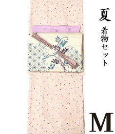34560 【 初夏 ・ 夏 ♪ 着物4点セット 越 】【 Mサイズ 】【 日本生地 】 洗える絽着物 + 【 木綿 】 洗九寸名古屋帯 + 正絹 夏帯揚げ + 正絹夏帯〆 【 4点セット 】 着物セット コーデ 夏物 小紋 ナス 茄子 南天 鳥 ns-582 ongy267 nppk633-m