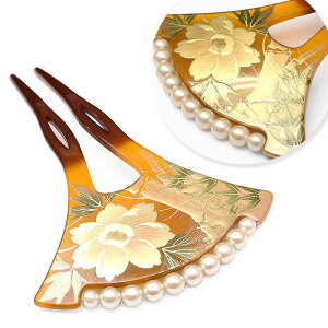 【10】 7480 ★選べる♪全6柄★ パール付き バチ型 簪 2【 日本製 】 ヘアアクセサリー かんざし 髪飾り 【 手描き 】留袖 訪問着 附下 色無地 結婚式 卒業式 フォーマル 婚礼 入学式 べっ甲風